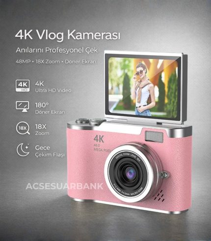4K Dijital Fotoğraf Makinesi Pembe