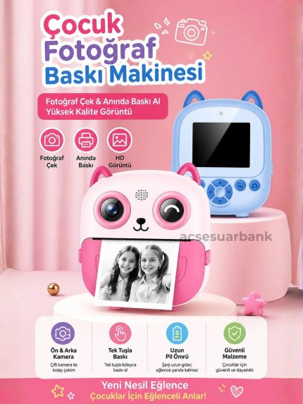 Anında Baskılı Çocuk Fotoğraf Makinesi – Fotoğraf Çek & Anında Yazdır-pembe