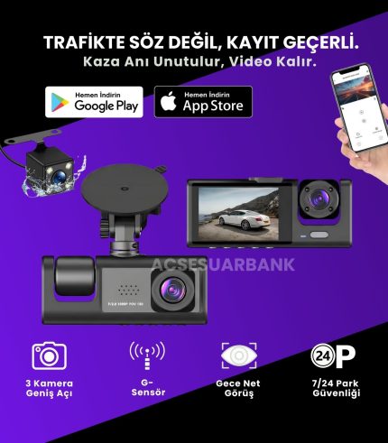 1080P Full HD 3 Kameralı Araç İçi Kamera