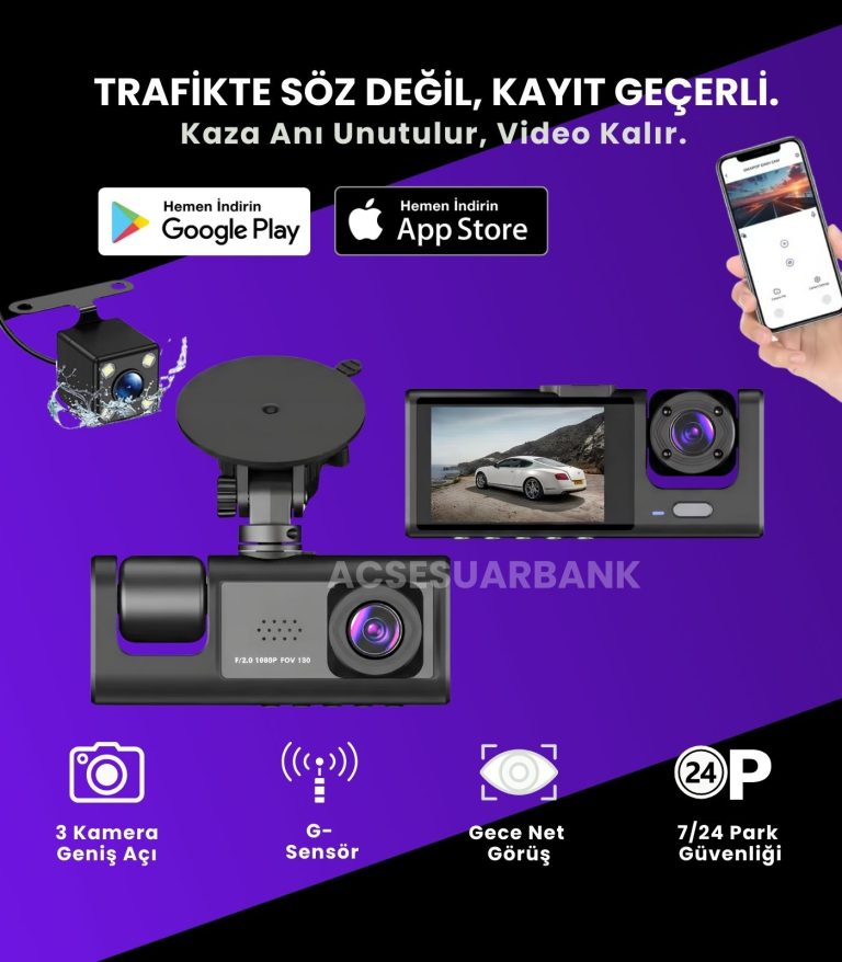 1080P Full HD 3 Kameralı Araç İçi Kamera
