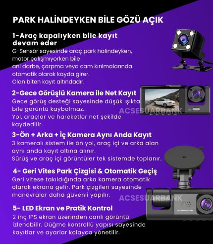 1080P Full HD 3 Kameralı Araç İçi Kamera