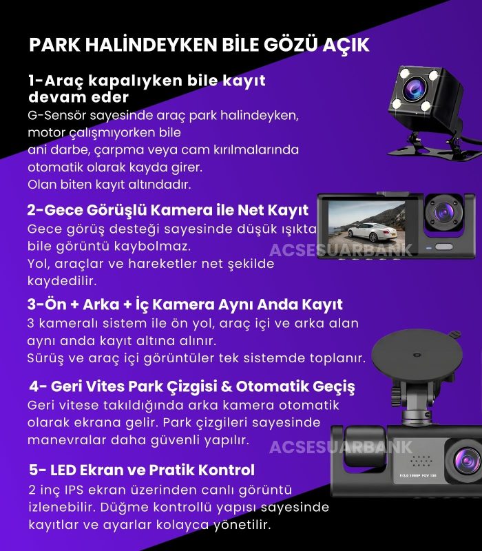 1080P Full HD 3 Kameralı Araç İçi Kamera