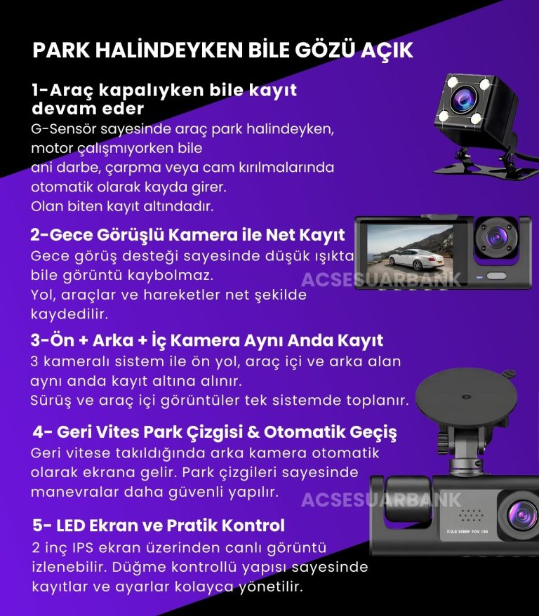 1080P Full HD 3 Kameralı Araç İçi Kamera